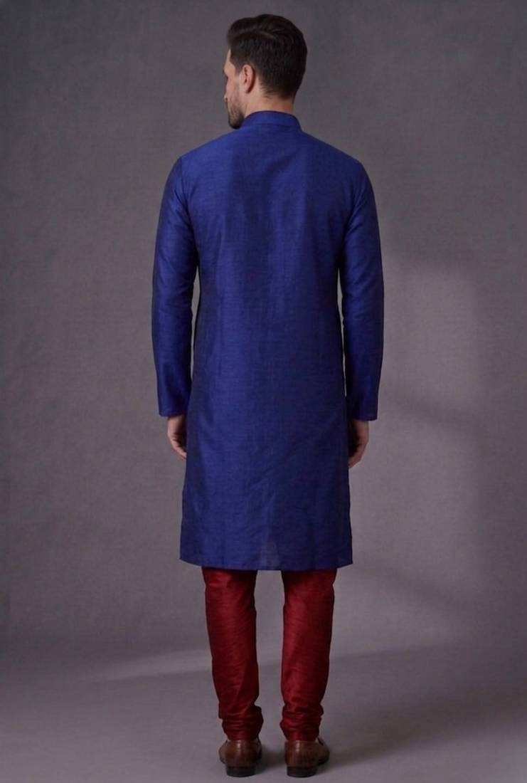 Blue embroidered dupion silk kurta pyjama
