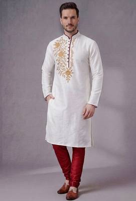 White embroidered dupion silk kurta pyjama 1