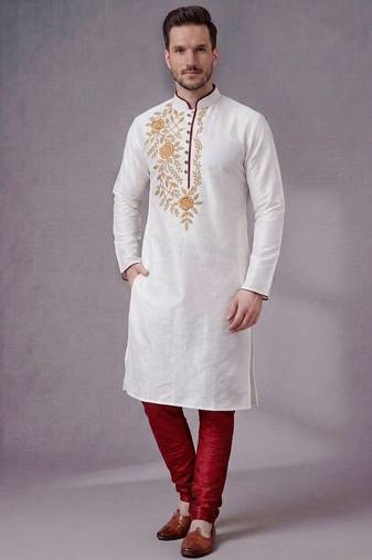 White embroidered dupion silk kurta pyjama