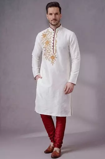 White embroidered dupion silk kurta pyjama