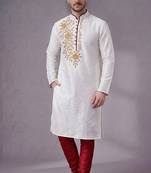 White embroidered dupion silk kurta pyjama