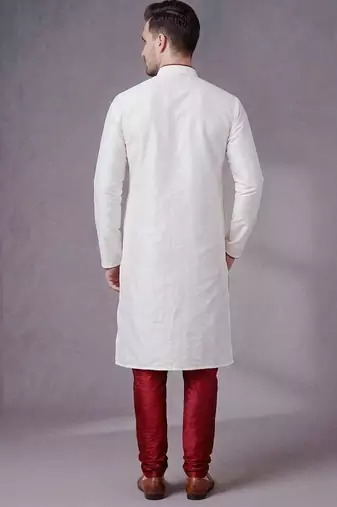 White embroidered dupion silk kurta pyjama