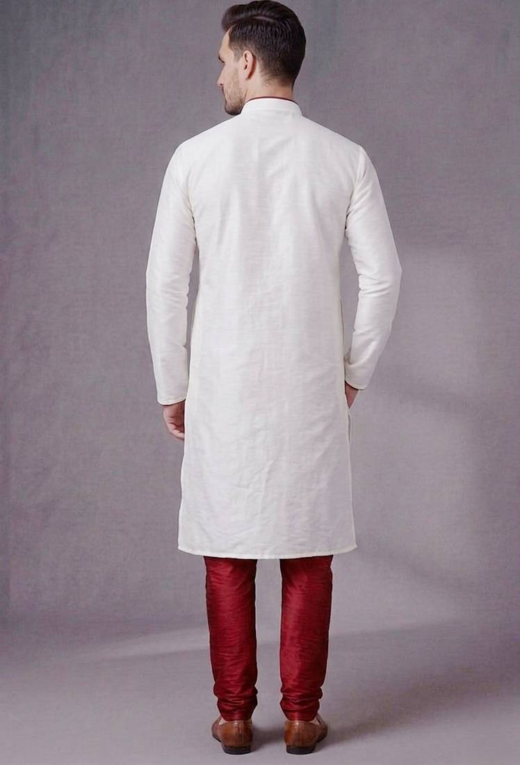White embroidered dupion silk kurta pyjama