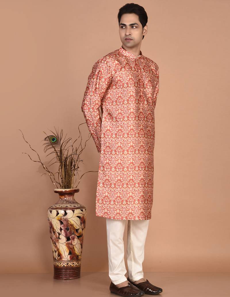 Men's printed straight silk kurta