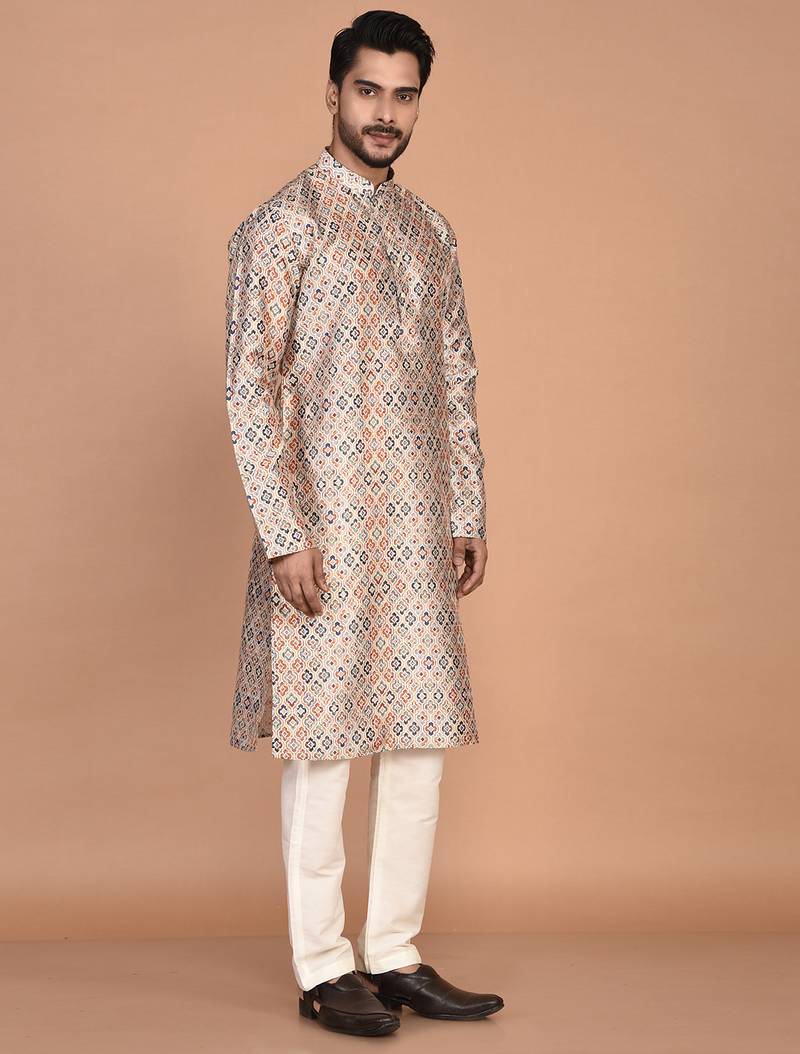Men's printed straight silk kurta