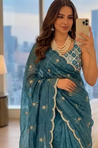 Grey Color handwork Silk Blend Saree