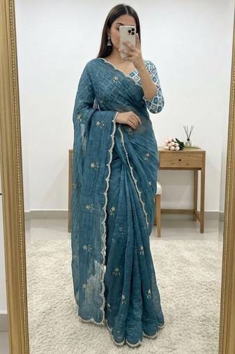 Grey Color handwork Silk Blend Saree