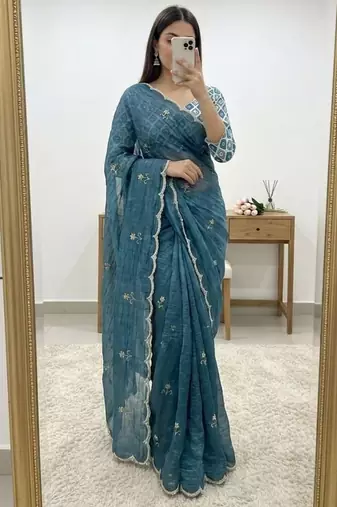 Grey Color handwork Silk Blend Saree