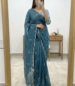 Grey Color handwork Silk Blend Saree