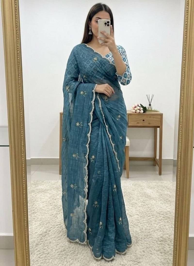 Grey Color handwork Silk Blend Saree