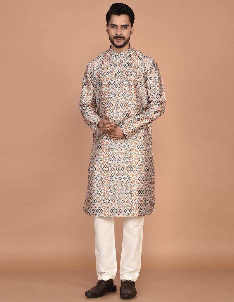 Men's printed straight silk kurta