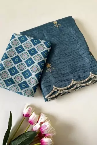Grey Color handwork Silk Blend Saree