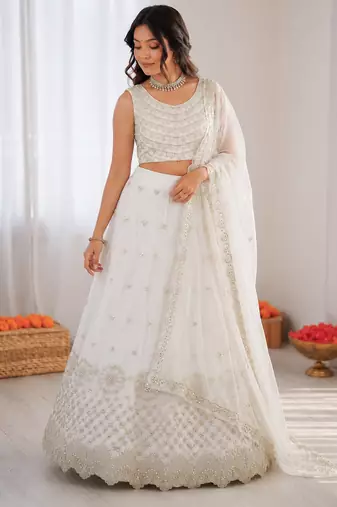 off white georgette thread sequin lehenga choli set