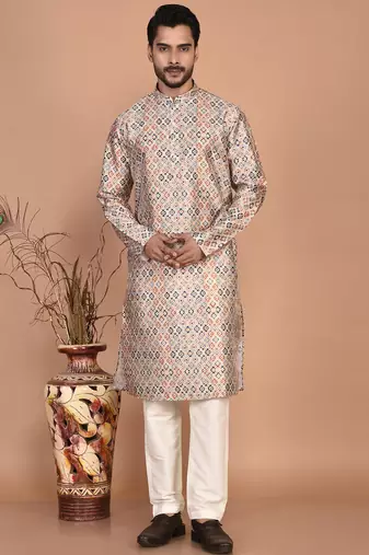 Men's printed straight silk kurta