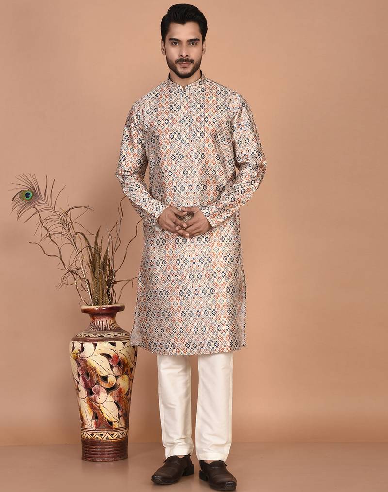 Men's printed straight silk kurta
