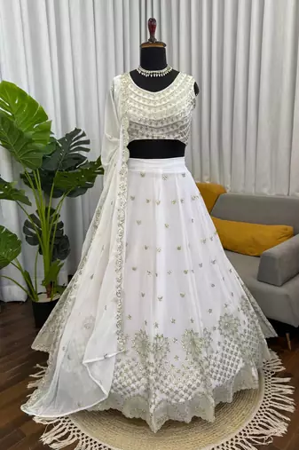 off white georgette thread sequin lehenga choli set