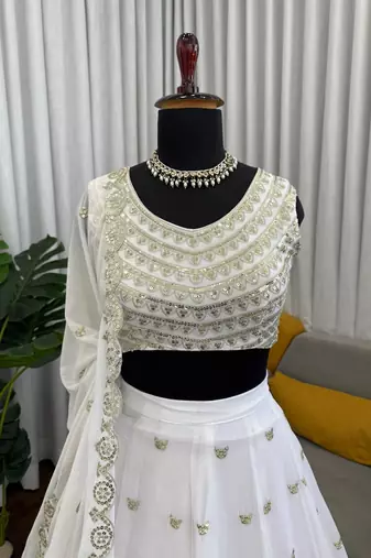 off white georgette thread sequin lehenga choli set