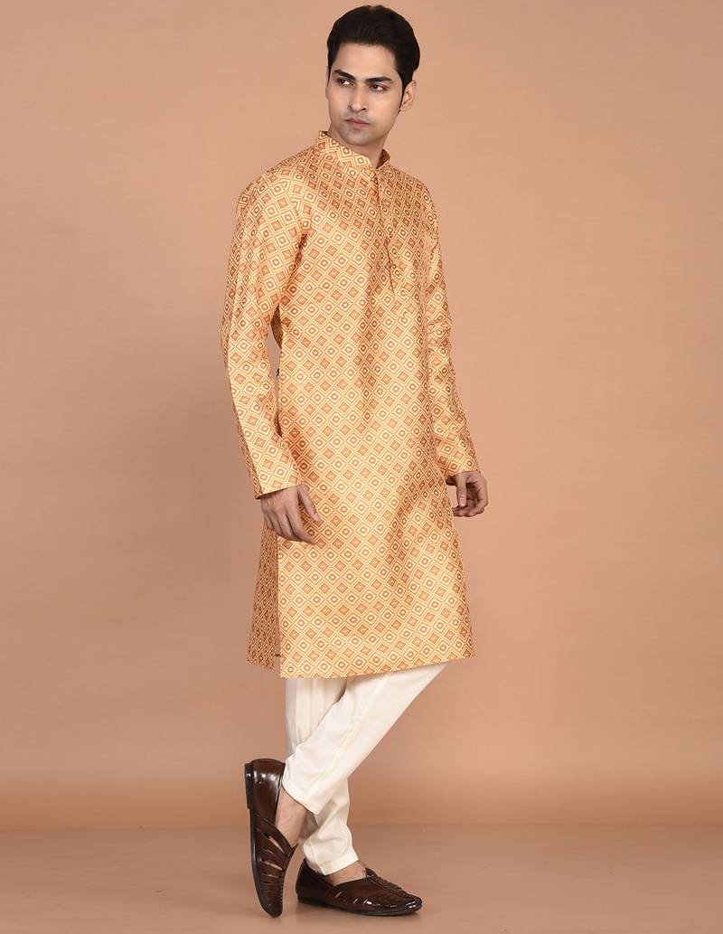 Men's printed straight silk kurta