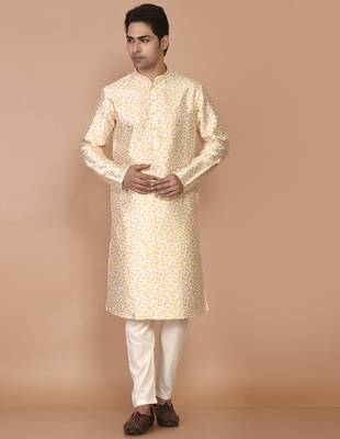Men's printed straight silk kurta 4