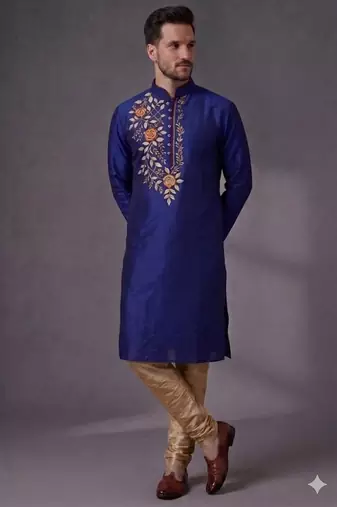 Blue embroidered dupion silk kurta pyjama