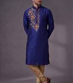 Blue embroidered dupion silk kurta pyjama