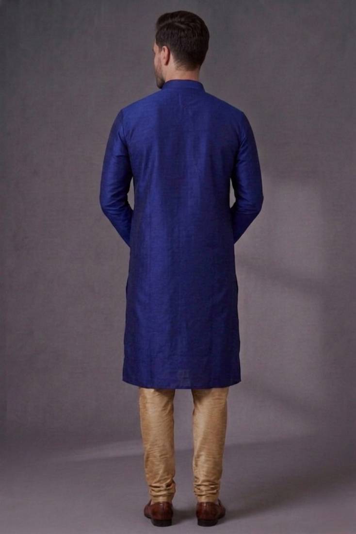 Blue embroidered dupion silk kurta pyjama