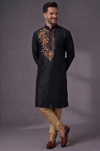 Black embroidered dupion silk kurta pyjama