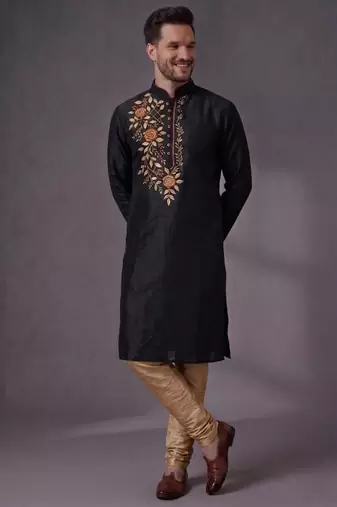 Black embroidered dupion silk kurta pyjama
