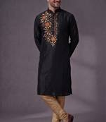 Black embroidered dupion silk kurta pyjama