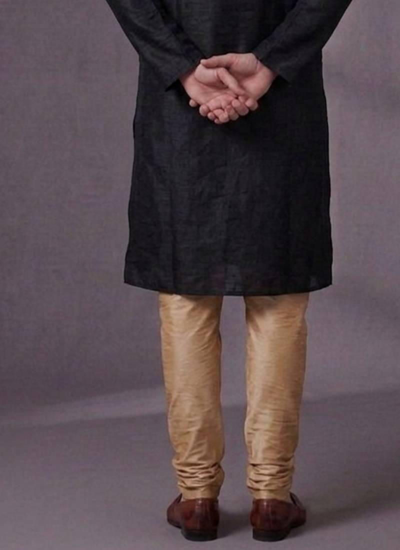 Black embroidered dupion silk kurta pyjama