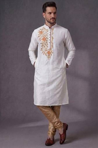 White embroidered dupion silk kurta pyjama