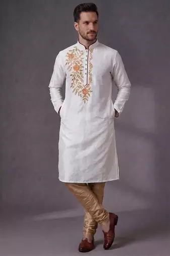 White embroidered dupion silk kurta pyjama