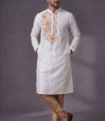 White embroidered dupion silk kurta pyjama