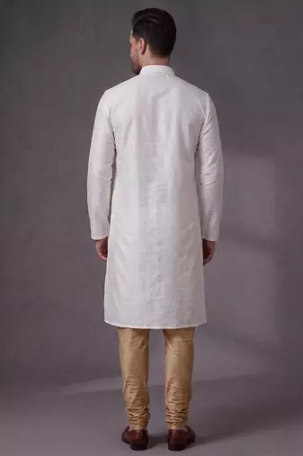 White embroidered dupion silk kurta pyjama