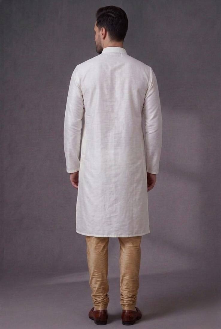 White embroidered dupion silk kurta pyjama