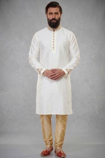 White embroidered dupion silk kurta pyjama