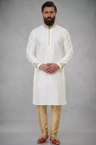 White embroidered dupion silk kurta pyjama