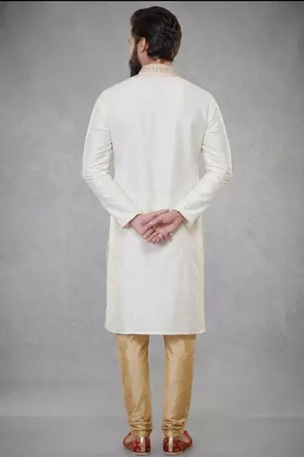 White embroidered dupion silk kurta pyjama