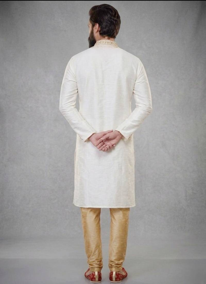 White embroidered dupion silk kurta pyjama