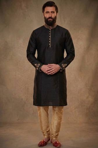 Black embroidered dupion silk kurta pyjama