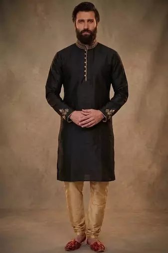 Black embroidered dupion silk kurta pyjama
