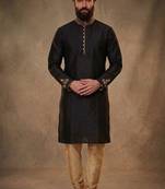 Black embroidered dupion silk kurta pyjama