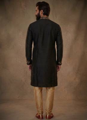 Black embroidered dupion silk kurta pyjama 2