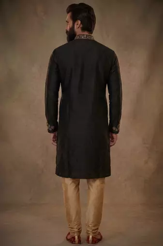Black embroidered dupion silk kurta pyjama
