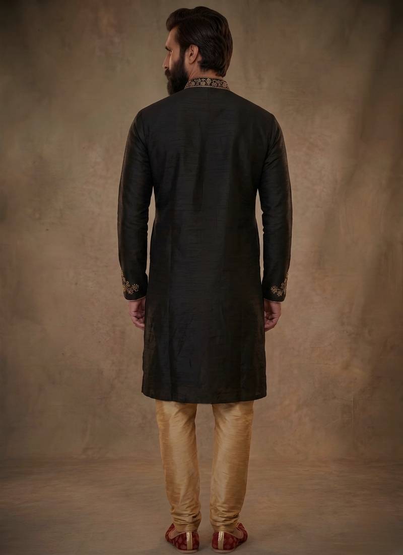 Black embroidered dupion silk kurta pyjama