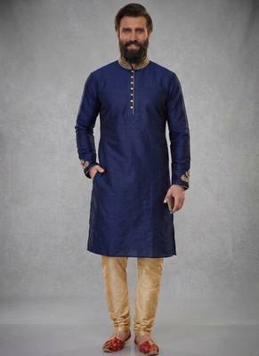 Blue embroidered dupion silk kurta pyjama 1