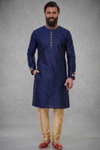 Blue embroidered dupion silk kurta pyjama