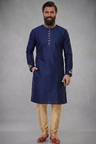 Blue embroidered dupion silk kurta pyjama