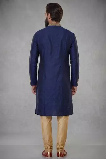 Blue embroidered dupion silk kurta pyjama