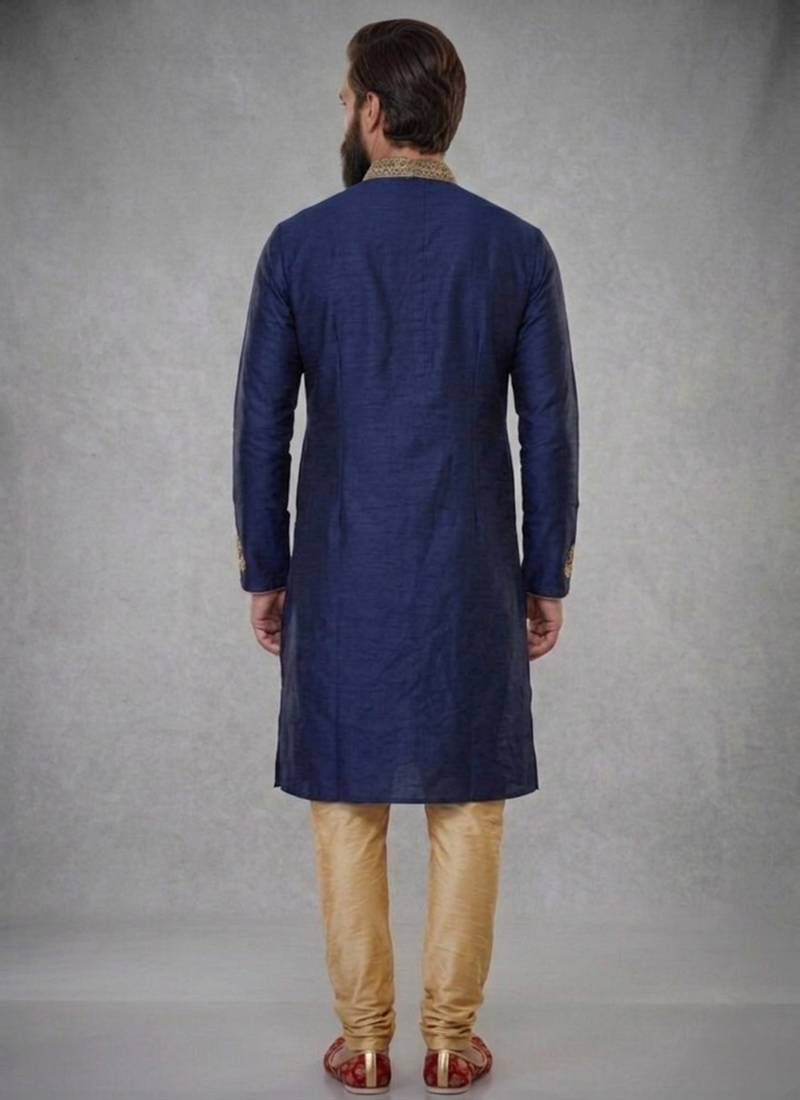 Blue embroidered dupion silk kurta pyjama